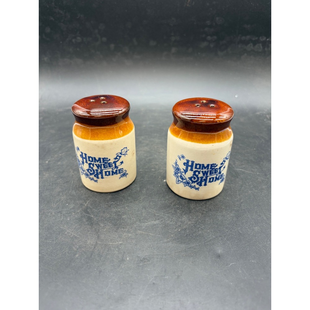 Vintage Home Sweet Home Stoneware Salt and Pepper Shakers Brown Glaze Farmhouse